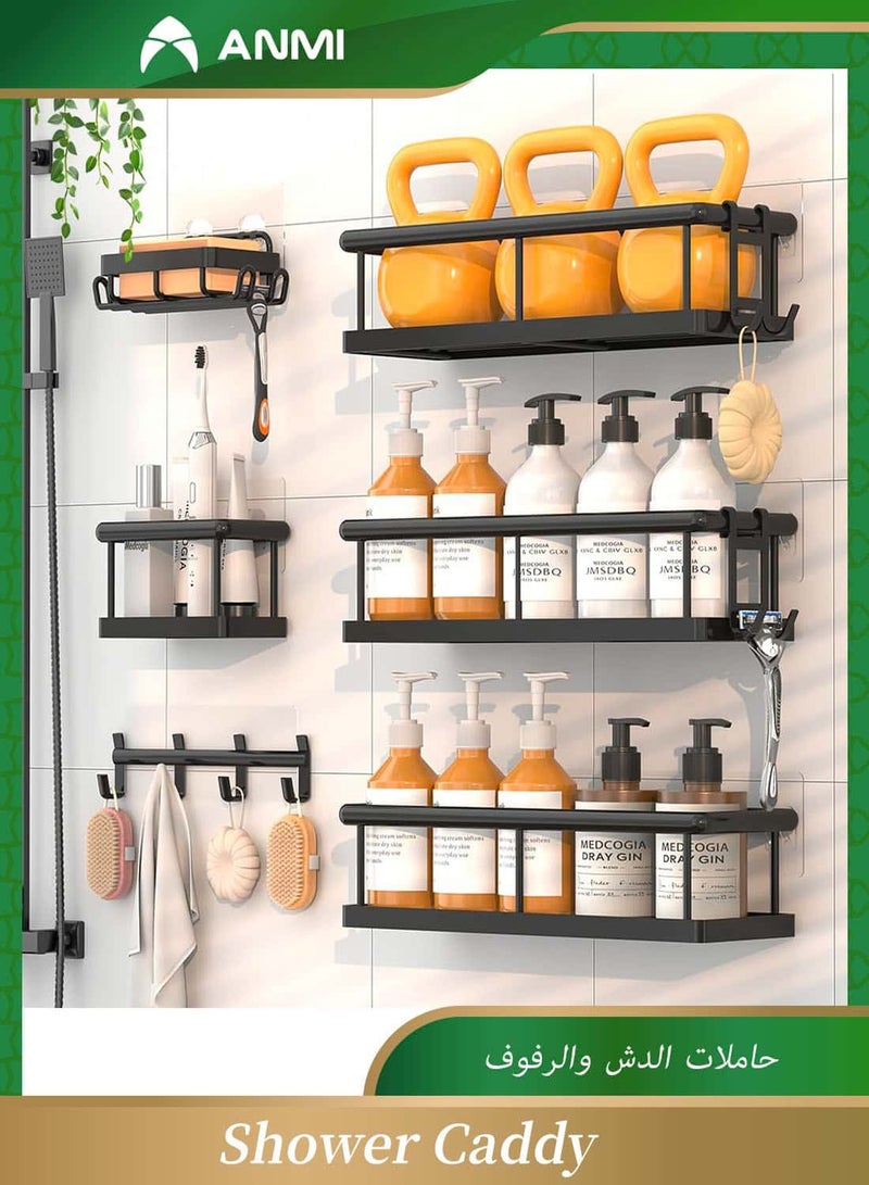 Anmi Shower Caddy Organiser Set, 6-Piece Wall Mount Storage with Shelves, 12 Hooks, Soap Holder, Black - Image 1