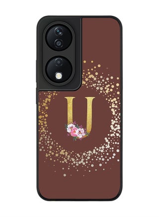 Custom Monogram Initial Letter Floral Pattern Alphabet - U  (Brown )