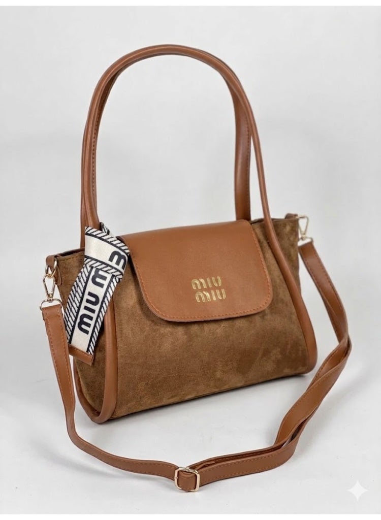 Miu Miu Duo-Texture Suede and Leather Top-Handle Bag – Caramel Tan