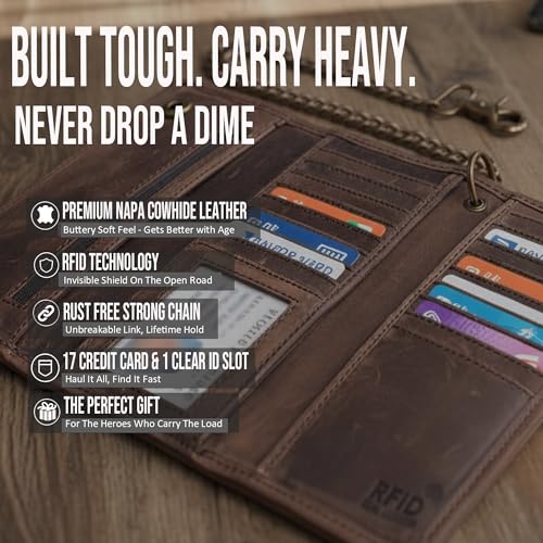 IBRO Motorcycle Chain Wallet for Men Premium Cowhide Leather RFID TriFold Biker Wallet for Bikers Truckers Hunters Credit Card Money Organizer Long Wallet Vintage Chain Crazy Horse Brown - Image 3