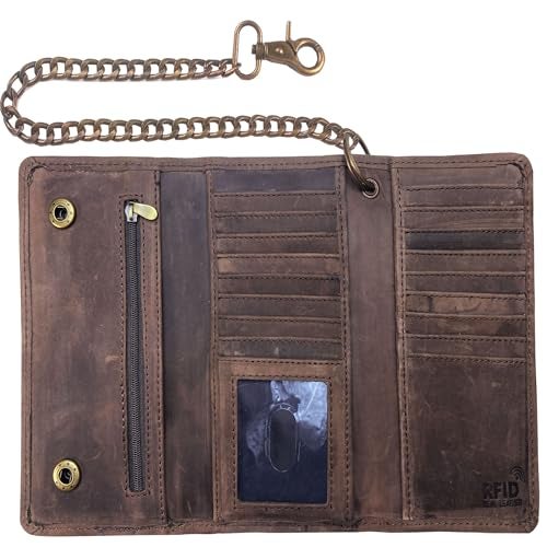 IBRO Motorcycle Chain Wallet for Men Premium Cowhide Leather RFID TriFold Biker Wallet for Bikers Truckers Hunters Credit Card Money Organizer Long Wallet Vintage Chain Crazy Horse Brown - Image 1