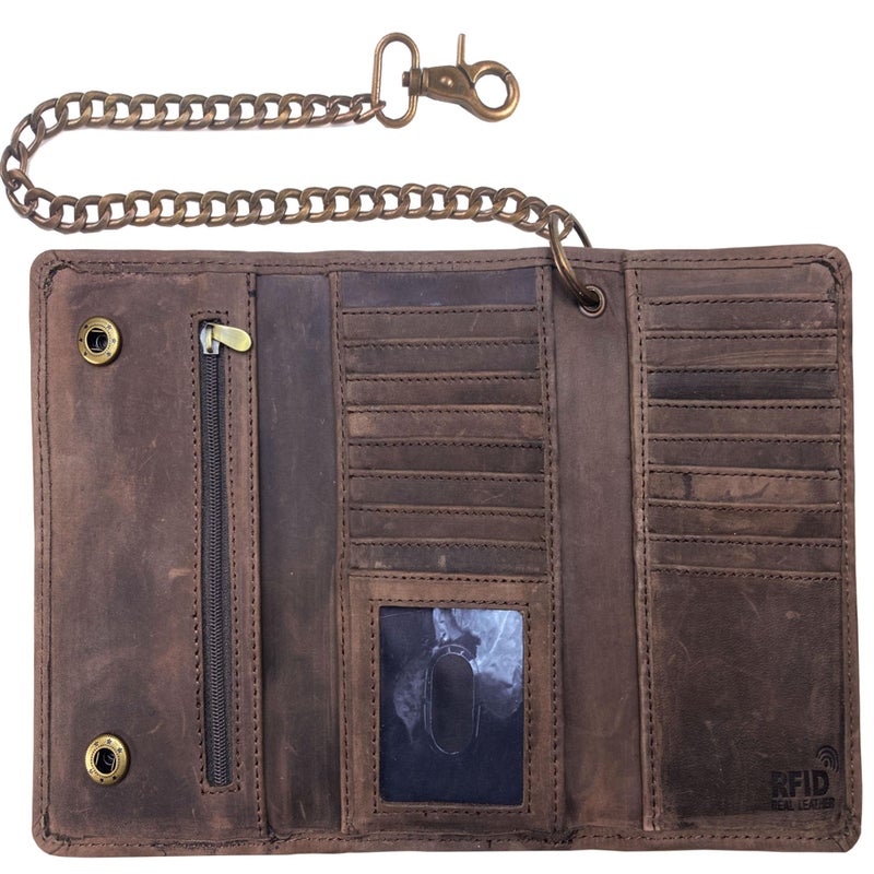 IBRO Motorcycle Chain Wallet for Men Premium Cowhide Leather RFID TriFold Biker Wallet for Bikers Truckers Hunters Credit Card Money Organizer Long Wallet Vintage Chain Crazy Horse Brown - Image 2