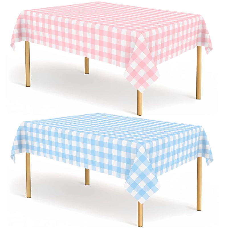 CINSOEN 2 Pack Gender Reveal Gingham Tablecloths Disposable Plastic Pink and Blue Checkered Tablecloth 54 x 108 Inch Rectangle Table Covers for Boy or Girl Gender Reveal Party Baby Shower Birthday Party - Image 1