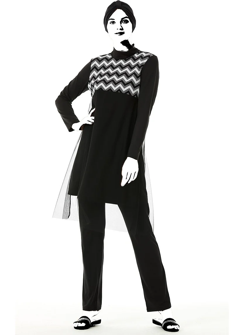 Sefa Merve Patterned Hijab Swimsuit 02155-01 Black and White