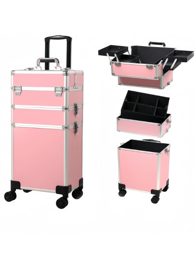 حقيبة مكياج متنقلة 3 في 1 احترافية لمستحضرات التجميل، عربة متعددة الوظائف، صندوق تخزين كبير للسفر لفنيي الأظافر (وردي، AIGE-001-3 طبقات) - Image 1