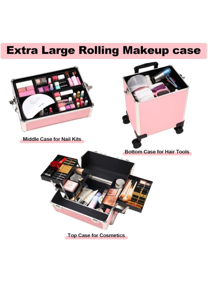 حقيبة مكياج متنقلة 3 في 1 احترافية لمستحضرات التجميل، عربة متعددة الوظائف، صندوق تخزين كبير للسفر لفنيي الأظافر (وردي، AIGE-001-3 طبقات) - Image 2