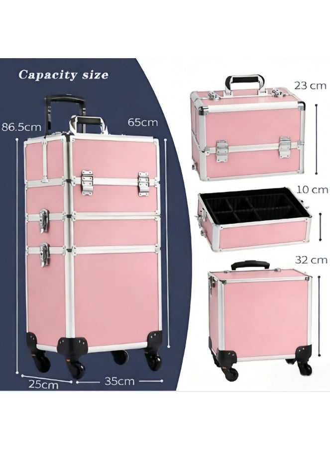 حقيبة مكياج متنقلة 3 في 1 احترافية لمستحضرات التجميل، عربة متعددة الوظائف، صندوق تخزين كبير للسفر لفنيي الأظافر (وردي، AIGE-001-3 طبقات) - Image 3
