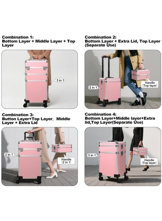 حقيبة مكياج متنقلة 3 في 1 احترافية لمستحضرات التجميل، عربة متعددة الوظائف، صندوق تخزين كبير للسفر لفنيي الأظافر (وردي، AIGE-001-3 طبقات) - Image 4