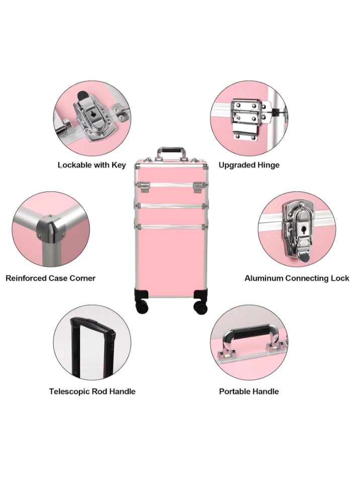 حقيبة مكياج متنقلة 3 في 1 احترافية لمستحضرات التجميل، عربة متعددة الوظائف، صندوق تخزين كبير للسفر لفنيي الأظافر (وردي، AIGE-001-3 طبقات) - Image 5