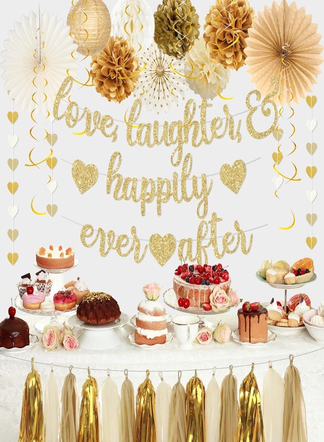 Roetyce Engagement Party Decorations, Gold Glitter Love Laughter & Happily Ever After Banner for Bridal Shower, Wedding Bachelorette Party Backdrop, Almost Married/Just Engaged Photo Background Decor - Image 3