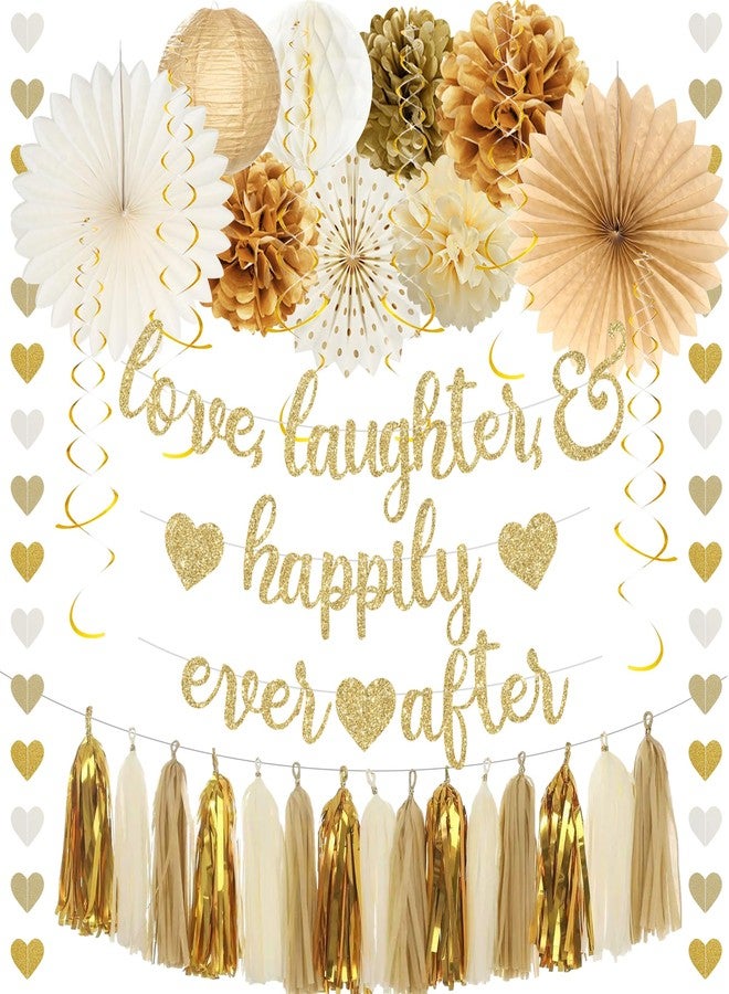 Roetyce Engagement Party Decorations, Gold Glitter Love Laughter & Happily Ever After Banner for Bridal Shower, Wedding Bachelorette Party Backdrop, Almost Married/Just Engaged Photo Background Decor - Image 1
