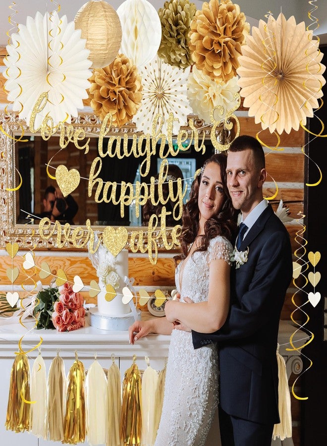 Roetyce Engagement Party Decorations, Gold Glitter Love Laughter & Happily Ever After Banner for Bridal Shower, Wedding Bachelorette Party Backdrop, Almost Married/Just Engaged Photo Background Decor - Image 2