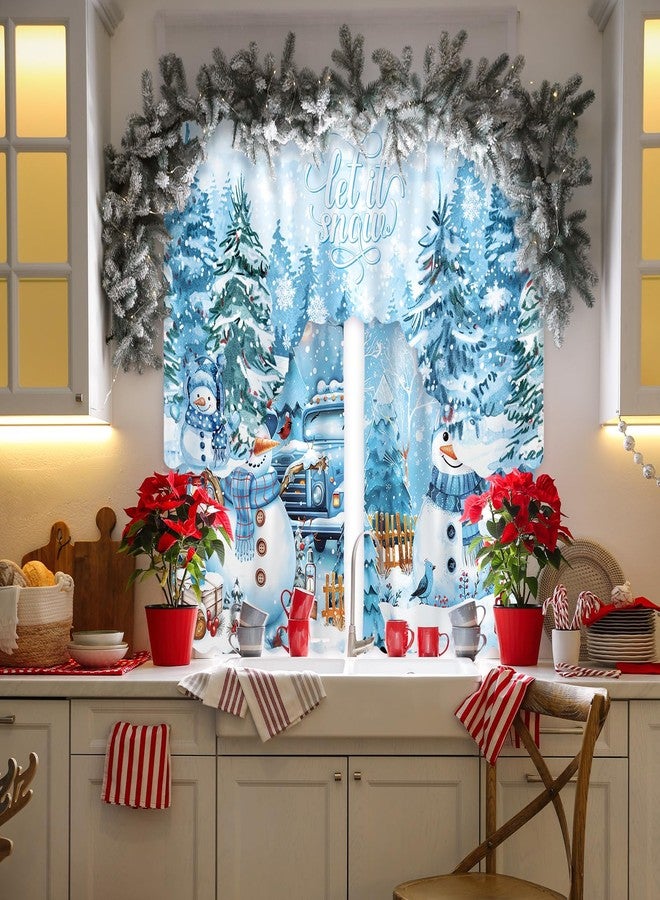 FuWeave طقم ستائر مطبخ FuWeave لعيد الميلاد، مكون من 3 قطع، ستائر نوافذ زرقاء على شكل رجل ثلجي مع ستارة علوية، ستارة متدلية لعيد الميلاد لتزيين المطبخ وغرفة النوم وغرفة المعيشة، ستارة علوية 60 × 36، ستارة علوية 36 × 30 - Image 4