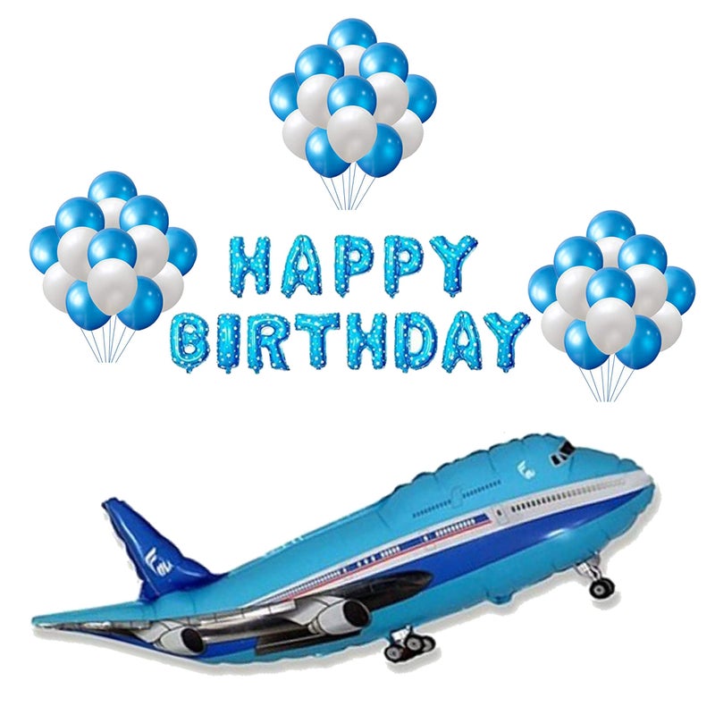 Balloonistics Masti Zone 3 Pcs 34" Aeroplane/Airplane Foil Balloons With Happy Birthday Foil and 50 Blue White Balloons For Birthday Theme Party Decoration Kids,boys,girls(Aeroplane Set 9) - Image 5