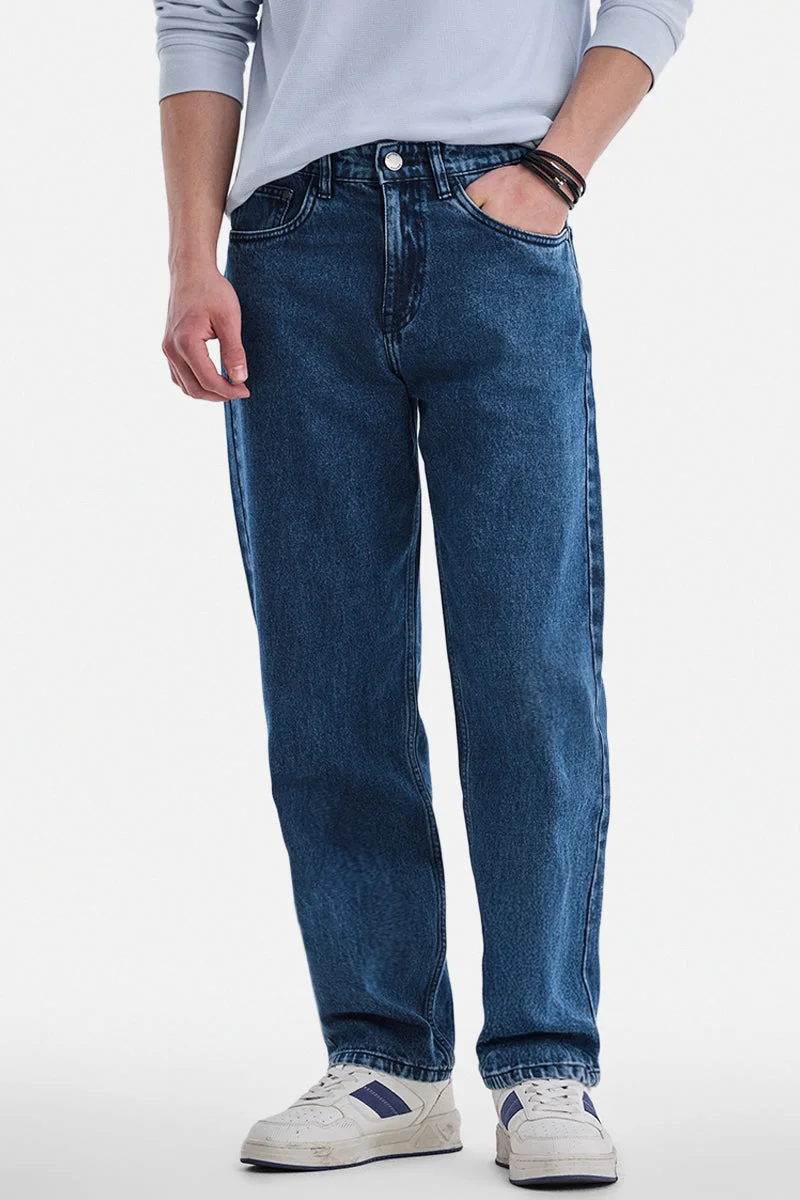 سنيتش Dark Blue Solid Loose Fit Streetwear Jeans