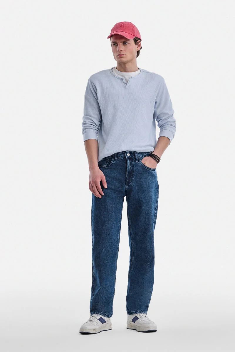 سنيتش Dark Blue Solid Loose Fit Streetwear Jeans