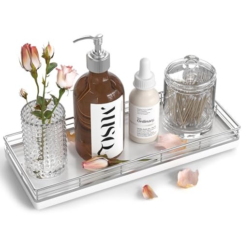 Focusonit Bathroom Tray for Counter, Oak Wooden 11.2" L Vanity Tray for Jewelry Candle Makeup Perfume, Holder for Coffee Table Decor Bar Silver - Image 1