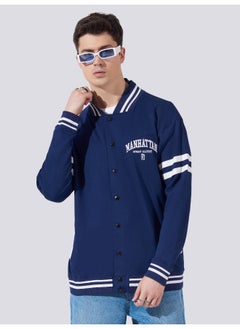 Maniac جاكيت رجالي مزخرف بأكمام كاملة صغير باللونين navy والأبيض بتصميم فضفاض  - Image 1