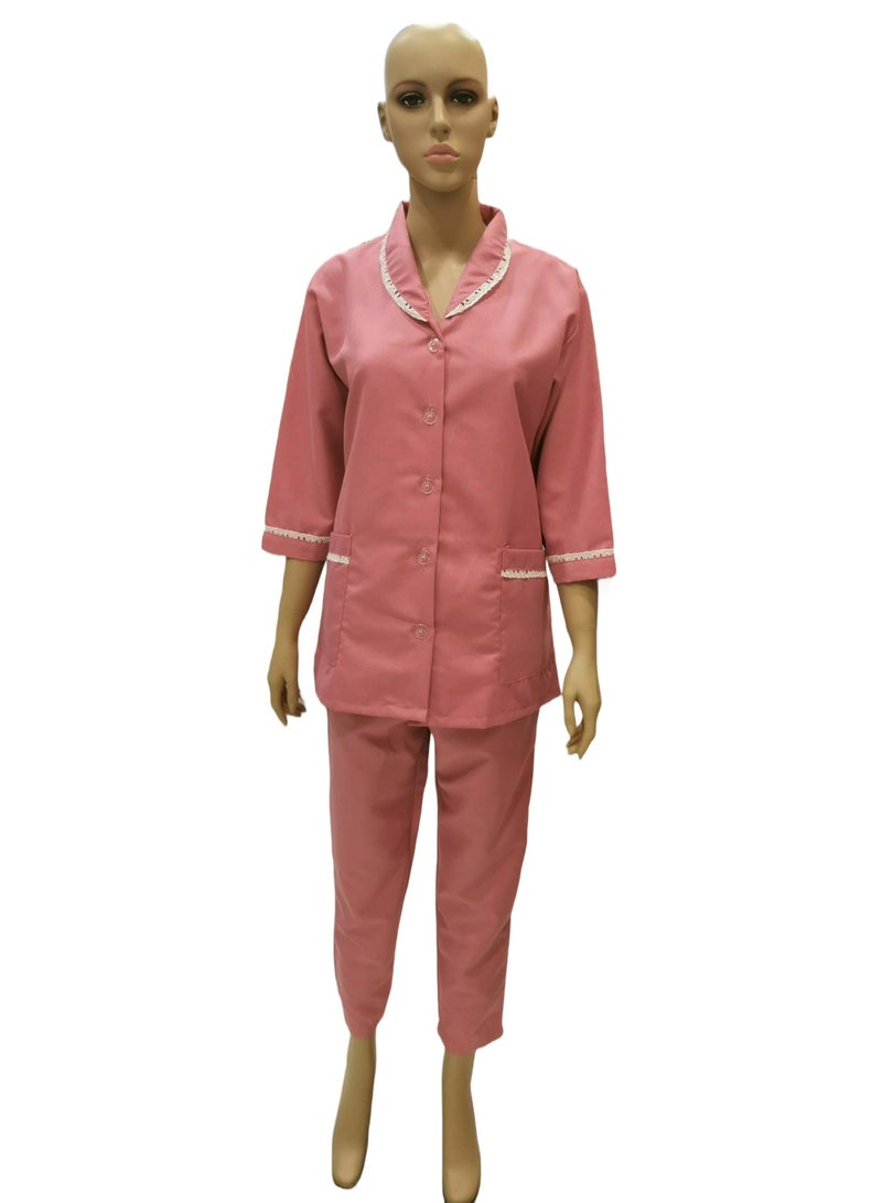 Rannah's Uniform Domestic Helper Uniform Elegant Kolcha Design Pink House Maid Uniform Set Top and Pants - Image 2