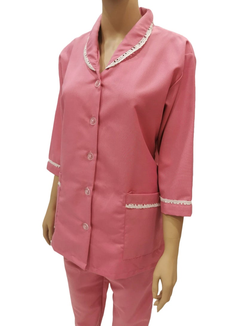 Rannah's Uniform Domestic Helper Uniform Elegant Kolcha Design Pink House Maid Uniform Set Top and Pants - Image 4