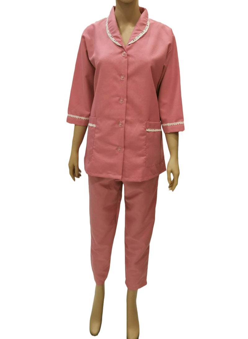 Rannah's Uniform Domestic Helper Uniform Elegant Kolcha Design Pink House Maid Uniform Set Top and Pants - Image 3
