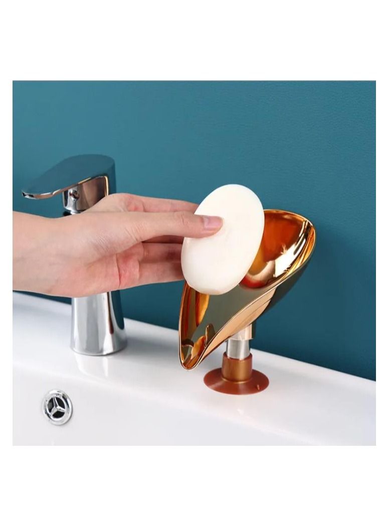 Meetion Soap holder leaf shape self draining on 45° soap bar easy to clean avoid being mushy in bathroom and kitchen easy to install at any plain surface gold - Image 2