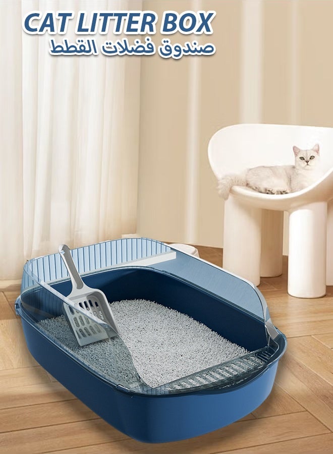 Semi-Enclosed Sifting Litter Box High Sides Cat Litter Box Anti-Splash with Spoon Clean Cat Pet Tray Kitten Open Top Litter Tray Travel Cat Toilet Cat Litter Pan(Blue) - Image 1
