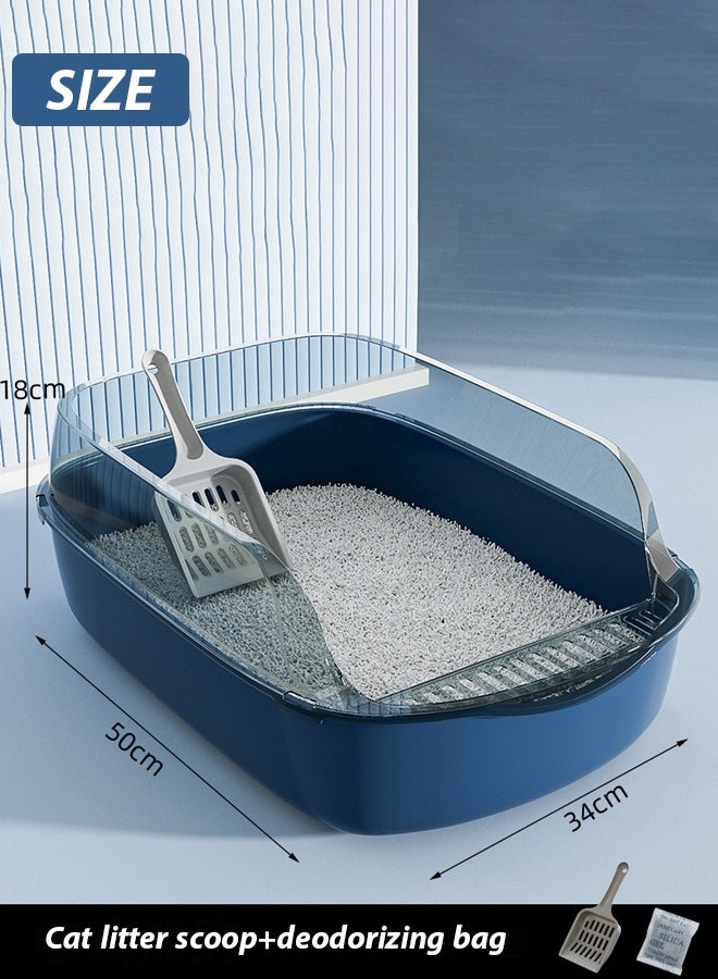 Semi-Enclosed Sifting Litter Box High Sides Cat Litter Box Anti-Splash with Spoon Clean Cat Pet Tray Kitten Open Top Litter Tray Travel Cat Toilet Cat Litter Pan(Blue) - Image 2
