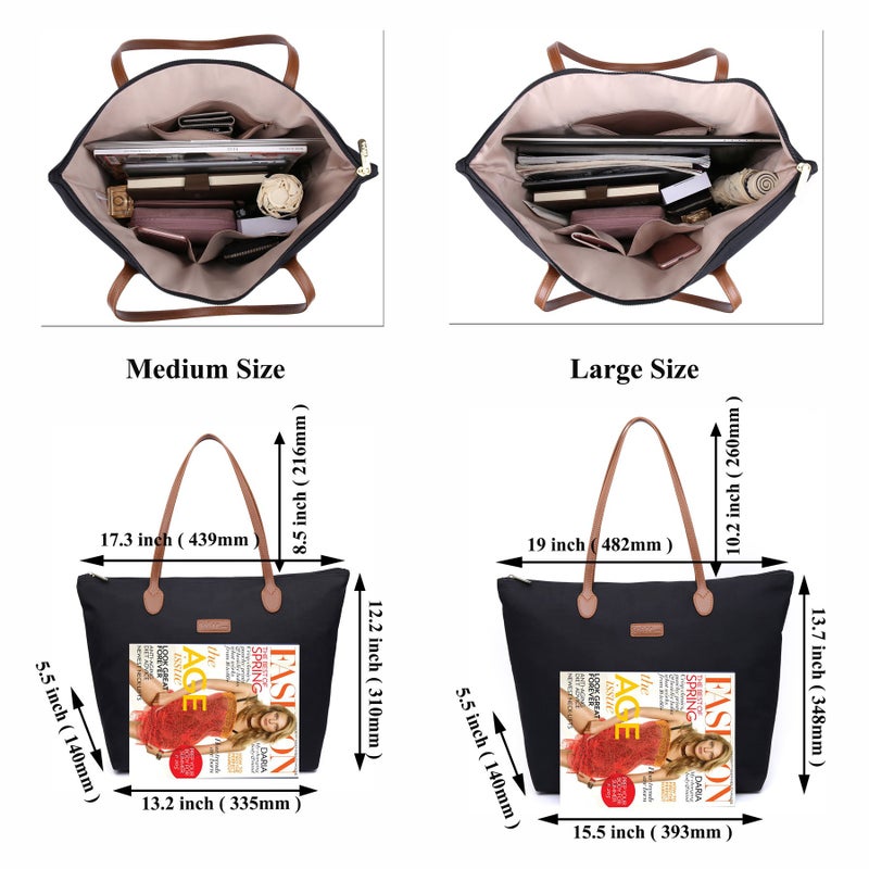 NNEE Water Resistant Light Weight Nylon Tote Bag Handbag - Large Size, Black - Image 4