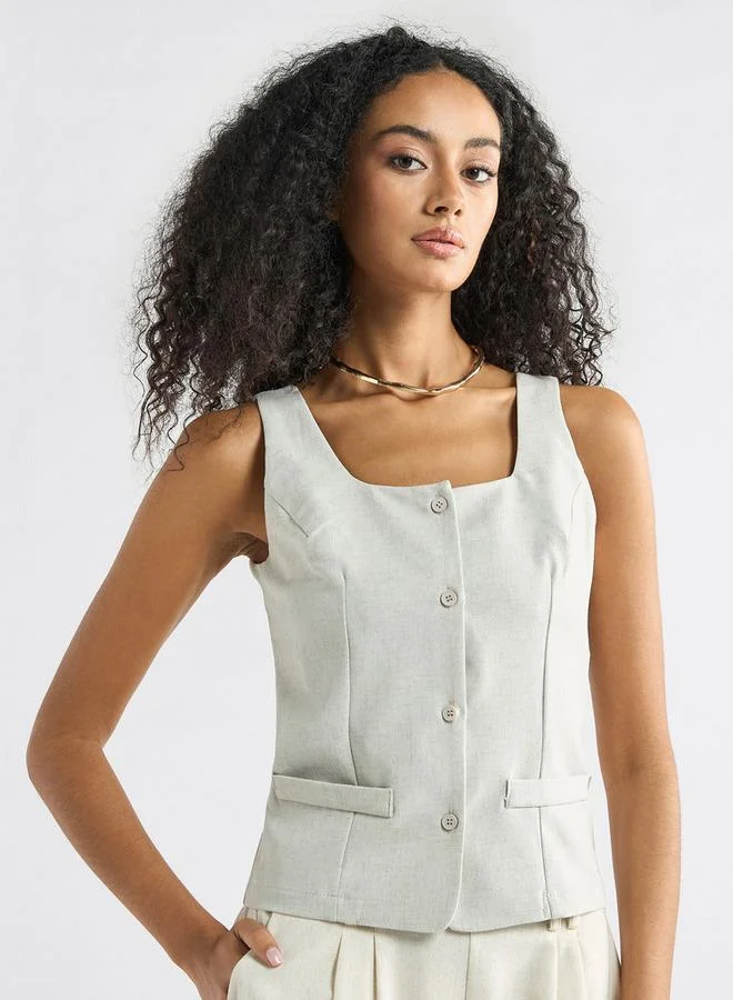 Splash FAV Solid Sleeveless Wrap Jacket with Square Neck and Button Closure