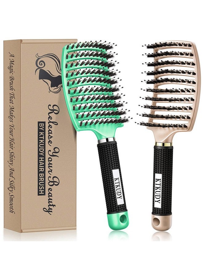 KTKUDY Detangling Brush Getting Knots Out without Pain - Boar Bristles Hair Brush Make Hair Shiny & Healthier Vented Detangler Brush for Women Men Kids Wet and Dry Hair (Gold & Green) - Image 1
