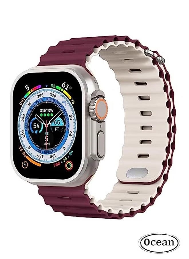 Ocean - 1 Piece Apple Watch Ocean Band 49mm 45mm 44mm 42mm Soft Silicone Loop Strap For iWatch Series Ultra/8/7/SE/6/5/4/3/2/1 Burgundy Red/Starlight - Image 1