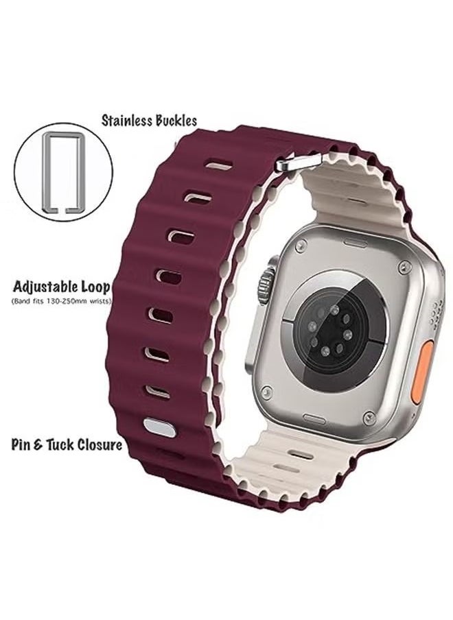 Ocean - 1 Piece Apple Watch Ocean Band 49mm 45mm 44mm 42mm Soft Silicone Loop Strap For iWatch Series Ultra/8/7/SE/6/5/4/3/2/1 Burgundy Red/Starlight - Image 1