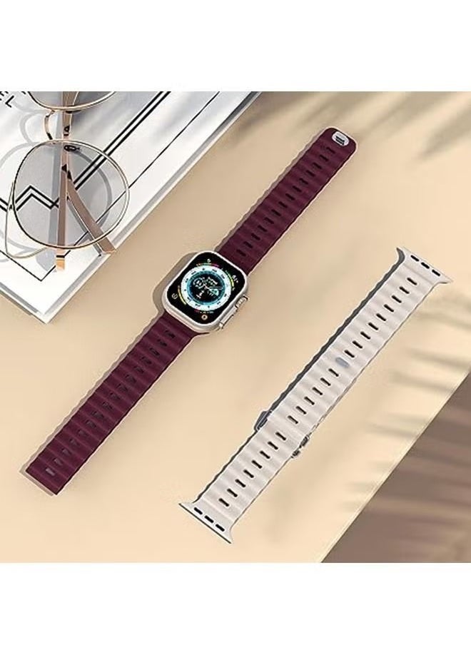 Ocean - 1 Piece Apple Watch Ocean Band 49mm 45mm 44mm 42mm Soft Silicone Loop Strap For iWatch Series Ultra/8/7/SE/6/5/4/3/2/1 Burgundy Red/Starlight - Image 1