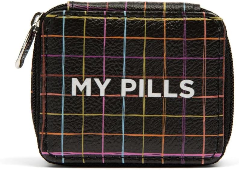 MIAMICA Womens Zippered Pill Case with 8Day Removable Plastic Organizer Black Rainbow Grid 35 x 275 x 125  Cute Weekly Medicine Box Compact Design - Image 1
