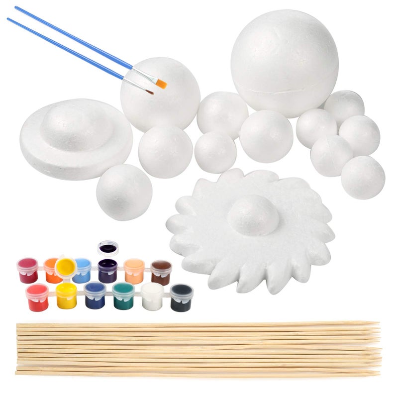 Pllieay Solar System Model Foam Ball Kit Includes 14PCS Mixed Sized Polystyrene Spheres Balls, 12PCS Bamboo Sticks, 12 Color Pigments, 2PCS Painting Brushes for School Science Projects - Image 1