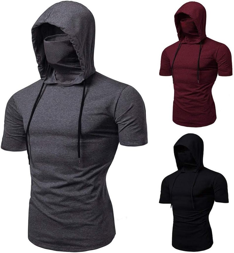 cheekyglo Mens Short Sleeves Hoodies with Face Cover, Summer Casual Solid Hooded Sweatshirt Tank Tops Gray - Image 1