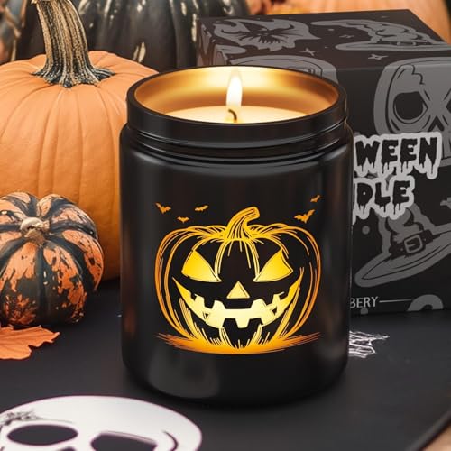 CHAMBERY Halloween Decor Indoor-Halloween Gifts Candles for Women with LED Pumpkin Face,Fall Candles with Pumpkin Spice Scent Over 40 Hours of Burn Time, Gift for Home Fall Decorations Indoor, 100% Soy Wax - Image 1