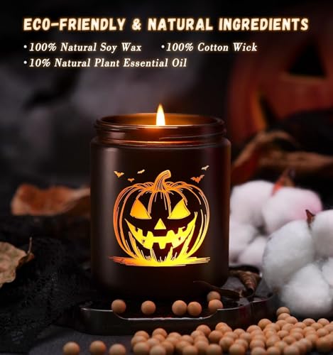 CHAMBERY Halloween Decor Indoor-Halloween Gifts Candles for Women with LED Pumpkin Face,Fall Candles with Pumpkin Spice Scent Over 40 Hours of Burn Time, Gift for Home Fall Decorations Indoor, 100% Soy Wax - Image 4