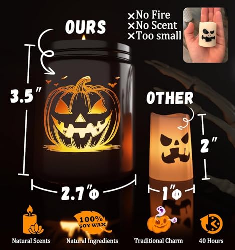 CHAMBERY Halloween Decor Indoor-Halloween Gifts Candles for Women with LED Pumpkin Face,Fall Candles with Pumpkin Spice Scent Over 40 Hours of Burn Time, Gift for Home Fall Decorations Indoor, 100% Soy Wax - Image 5