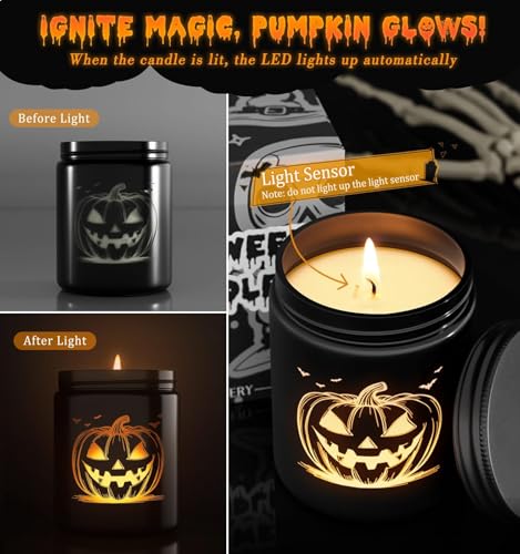 CHAMBERY Halloween Decor Indoor-Halloween Gifts Candles for Women with LED Pumpkin Face,Fall Candles with Pumpkin Spice Scent Over 40 Hours of Burn Time, Gift for Home Fall Decorations Indoor, 100% Soy Wax - Image 2
