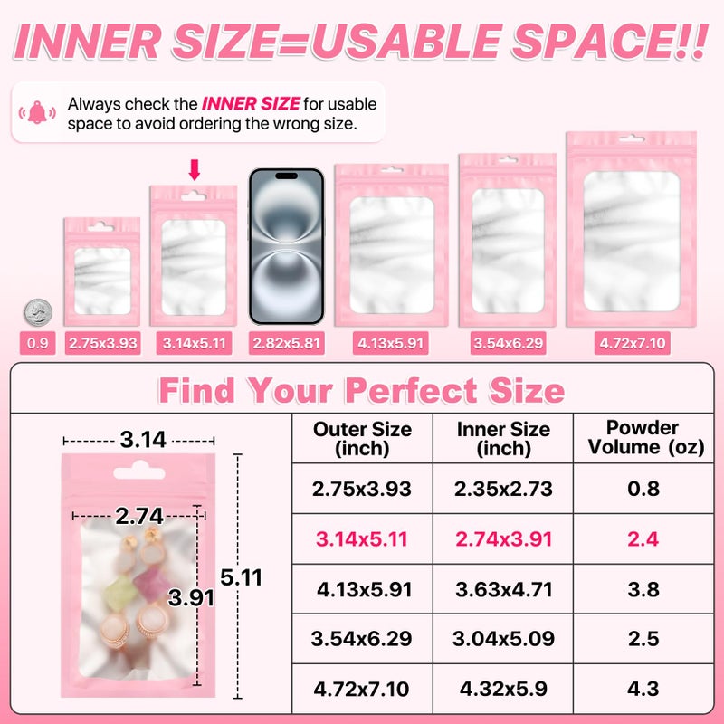 ANZNKU 100 Pieces Pink Resealable Mylar Bags with Zipper and Frosted Clear Window Smell Proof Packaging Bags Foil Pouch Zip Bag for Food Self Sealing Storage Supplies 3.14x5.11 inches - Image 2