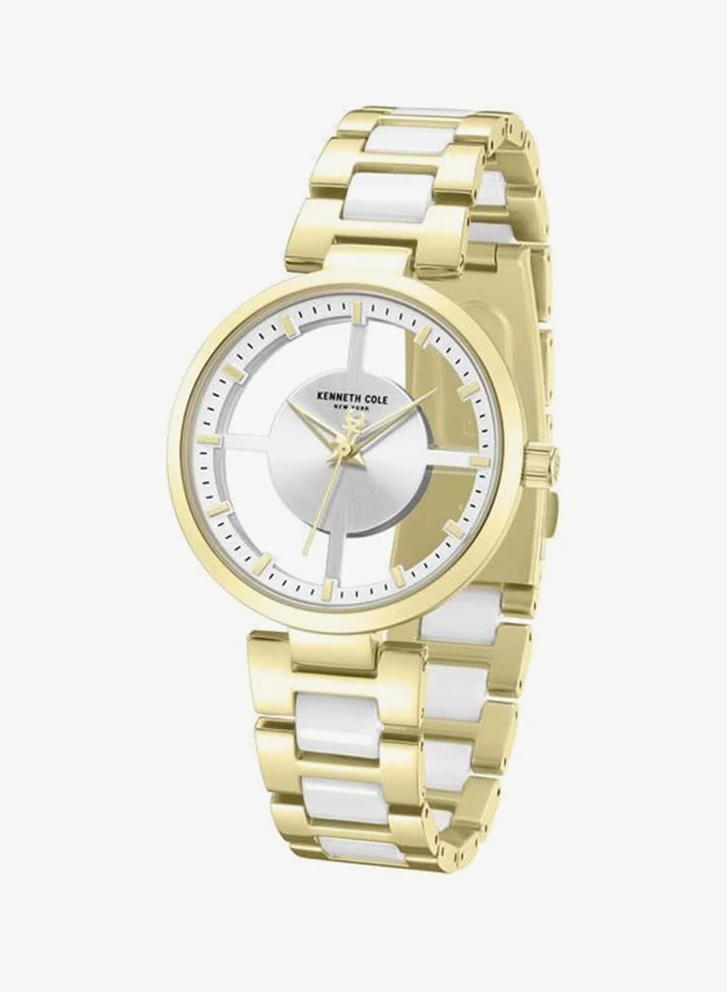 Kenneth Cole New York Gold/White Queensboro Women's 36mm Quartz Watch with Silver Dial & Gold-White Stainless Steel Bracelet for Women | Best Price UAE