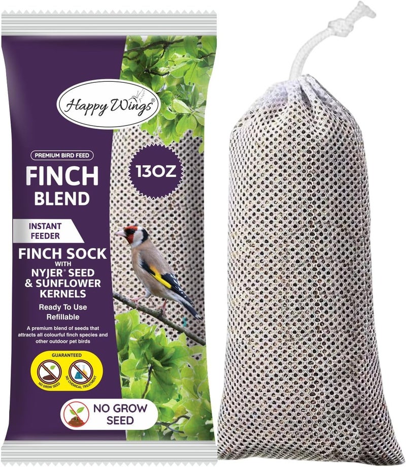 Happy Wings هابي وينجز NO GROW مزيج طيور الحسون طعام طيور معبأ مسبقًا في مغذي جورب (مزيج من لب/حبات دوار الشمس وبذور النيجر) - طعام طيور عالي التغذية - (368 جم) - Image 1