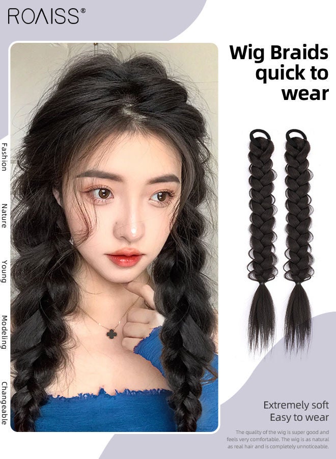 رويس قطعتان من جديلة الشعر الاصطناعية الطويلة، وصلة ذيل حصان مضفرة ملتوية مع رباط شعر ملفوف مطاطي مرن، قطعة شعر اصطناعية طبيعية ناعمة للفتيات والنساء للحفلات والارتداء اليومي، بني أسود - Image 1