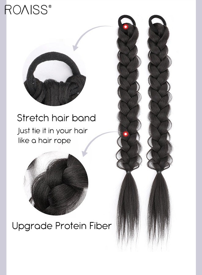 رويس قطعتان من جديلة الشعر الاصطناعية الطويلة، وصلة ذيل حصان مضفرة ملتوية مع رباط شعر ملفوف مطاطي مرن، قطعة شعر اصطناعية طبيعية ناعمة للفتيات والنساء للحفلات والارتداء اليومي، بني أسود - Image 4
