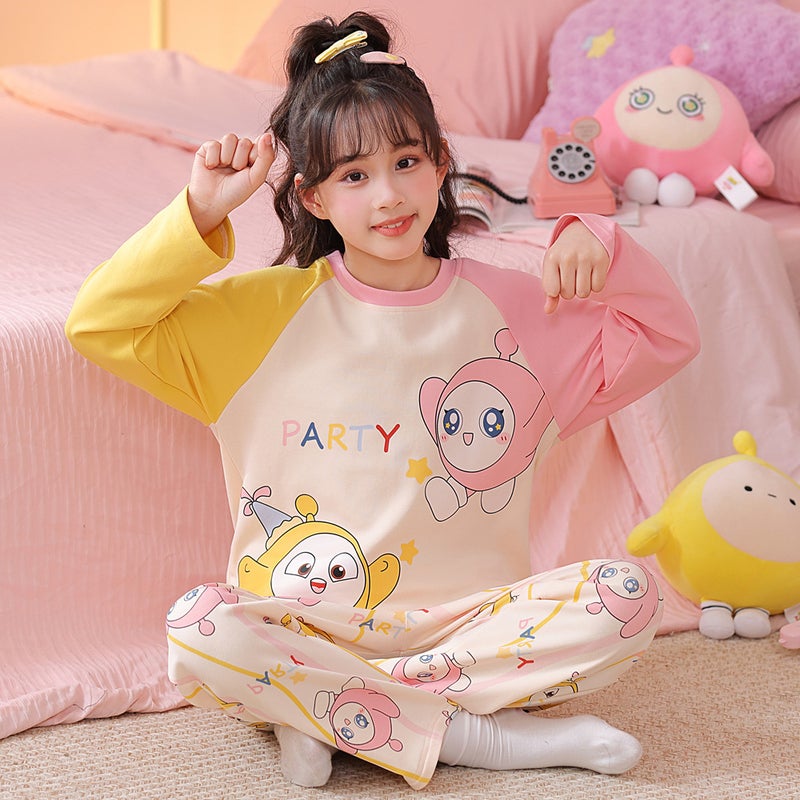 Children'S Home Clothes, Girls' Combed Cotton Long-Sleeved Thin Air-Conditioned Clothes, Medium And Large Children'S Cartoon Princess Baby Pajamas - Image 1