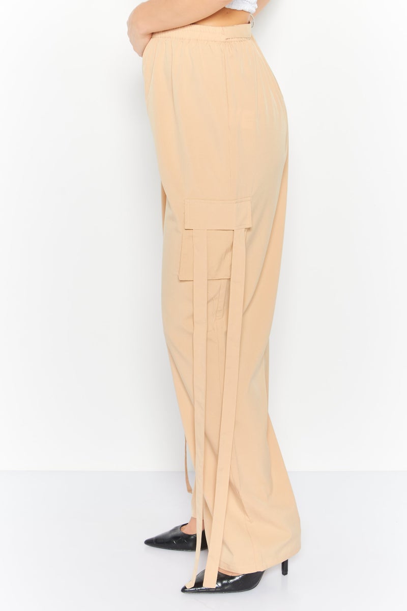 I SAW IT FIRST Women Regular Fit Plain Wide Leg Pants, Tan - Image 2