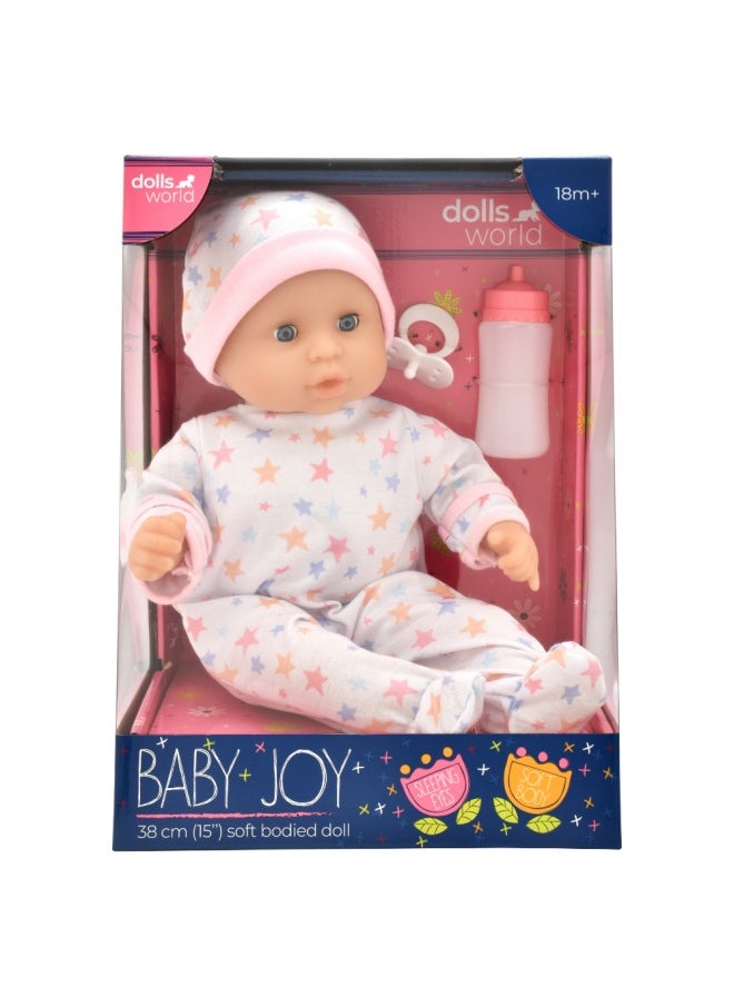 dolls world Baby Joy 15 inch Bean Fill Sleeping Eyes Deluxe Romper and Accessories from Peterkin gift for kids of Age above 18 months  - Image 1