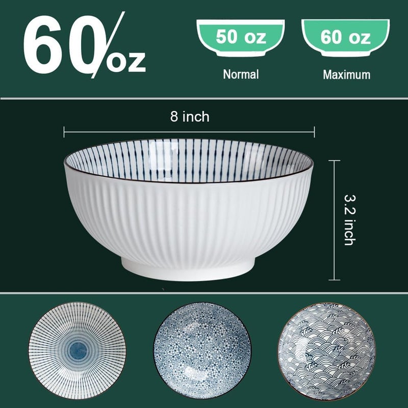 QINLANG 60 oz Large Soup Bowl Pho Bowls Japanese Ramen Bowls Set of 3 8 in Blue and White Porcelain Big Bowls for Eating  3 Mixing Patterns - Image 2